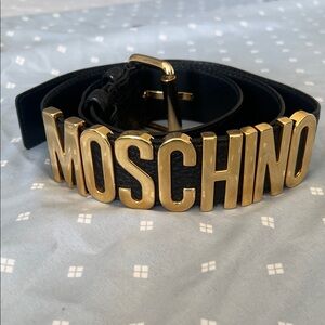 Moschino Black Leather Belt with Gold Letters